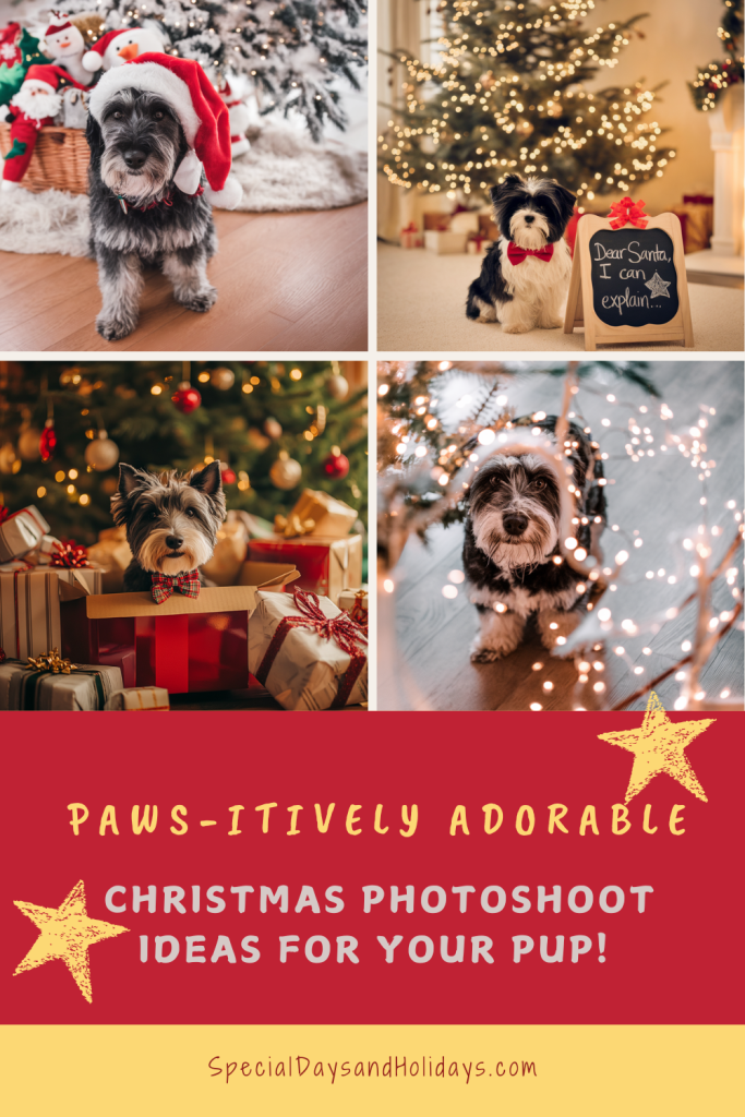 A collage of adorable dogs in festive settings featuring Christmas trees, presents, and holiday decorations, showcasing creative and charming Christmas photoshoot ideas for your furry friend.