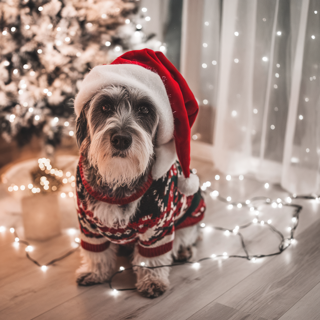 Christmas photoshoot ideas for your dog with a cute dog with a christmas jumper by a sparkling Christmas tree