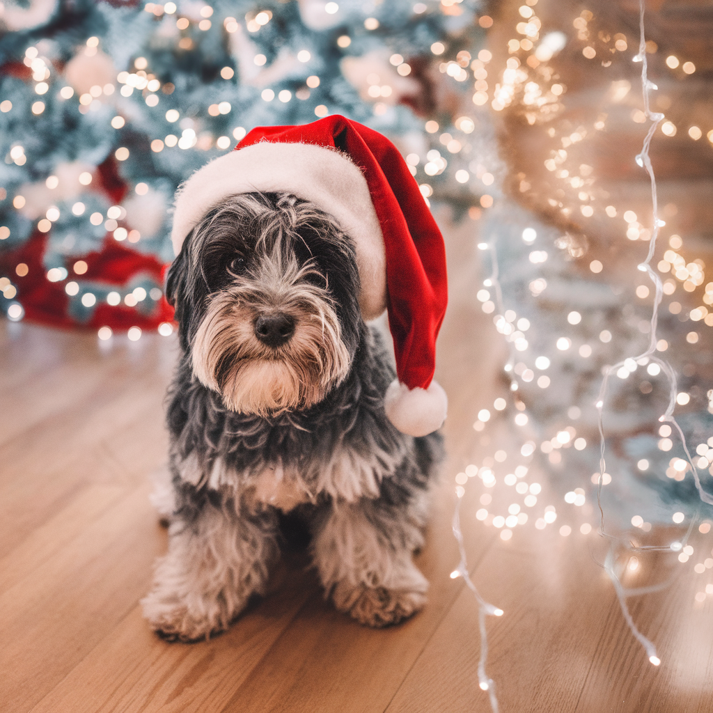 Christmas photoshoot ideas for your dog with a cute dog by a sparkling Christmas tree