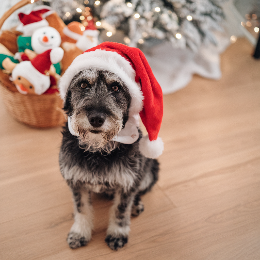 Christmas photoshoot ideas for your dog with a cute dog by a sparkling Christmas tree