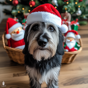 Christmas photoshoot ideas for your dog with a cute dog by a sparkling Christmas tree