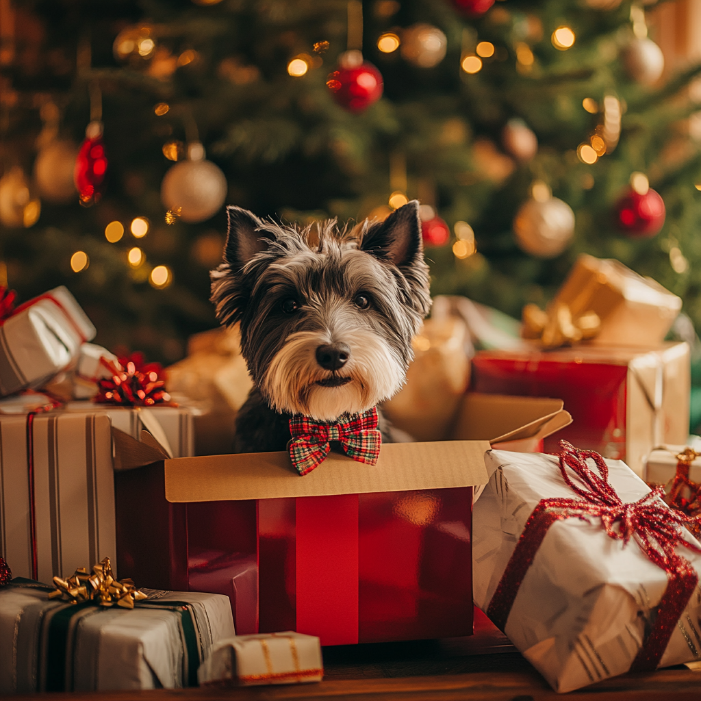 Christmas photoshoot ideas for your dog with a cute dog in a box by a sparkling Christmas tree