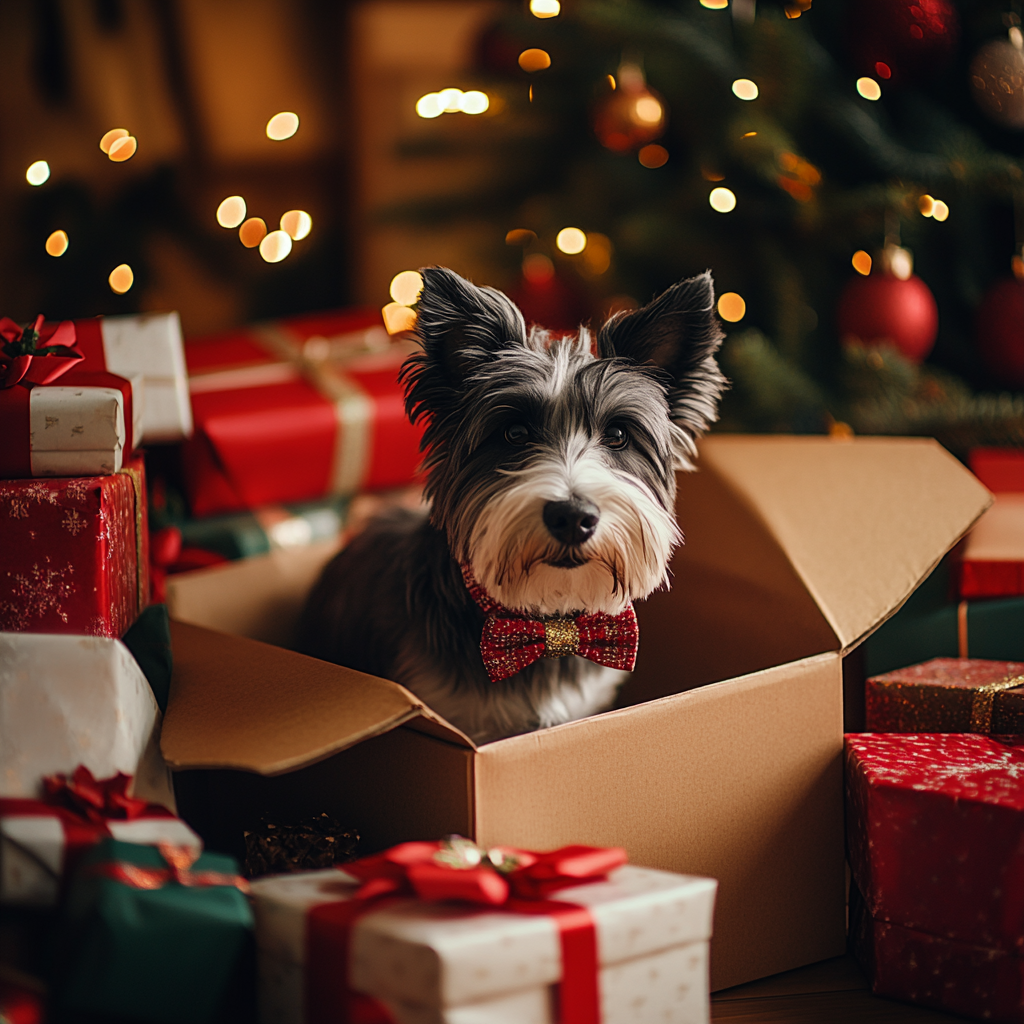 Christmas photoshoot ideas for your dog with a cute dog in a box by a sparkling Christmas tree