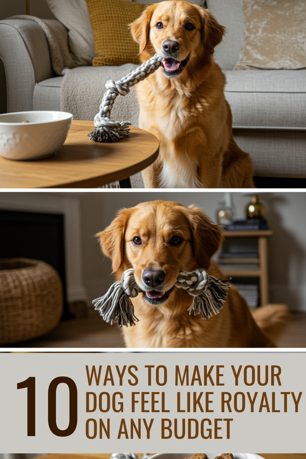 Happy golden retriever holding homemade braided rope toy in cozy living room with wooden coffee table and neutral sofa, demonstrating how to spoil your dog on a budget with DIY creations