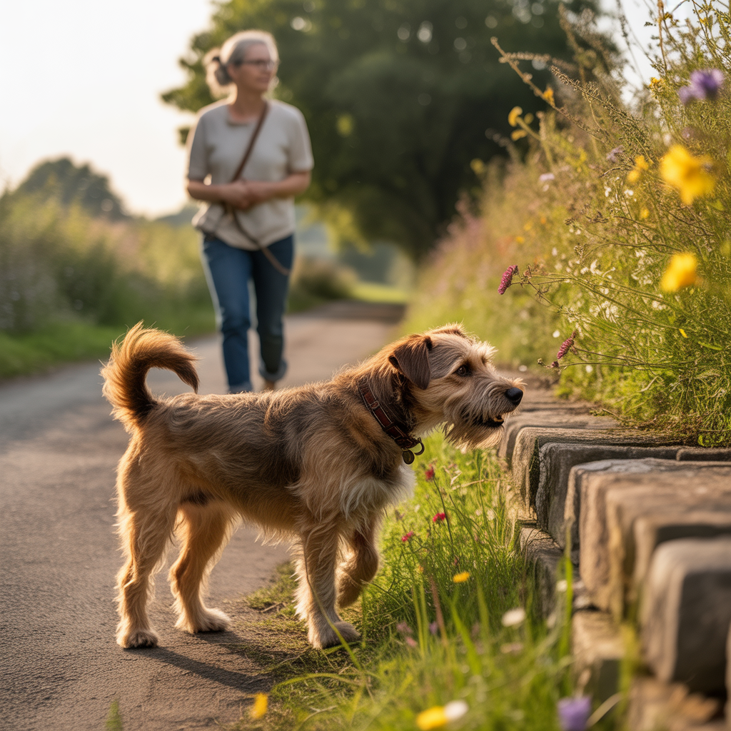 A dog sniffing along a countryside path during a peaceful walk.