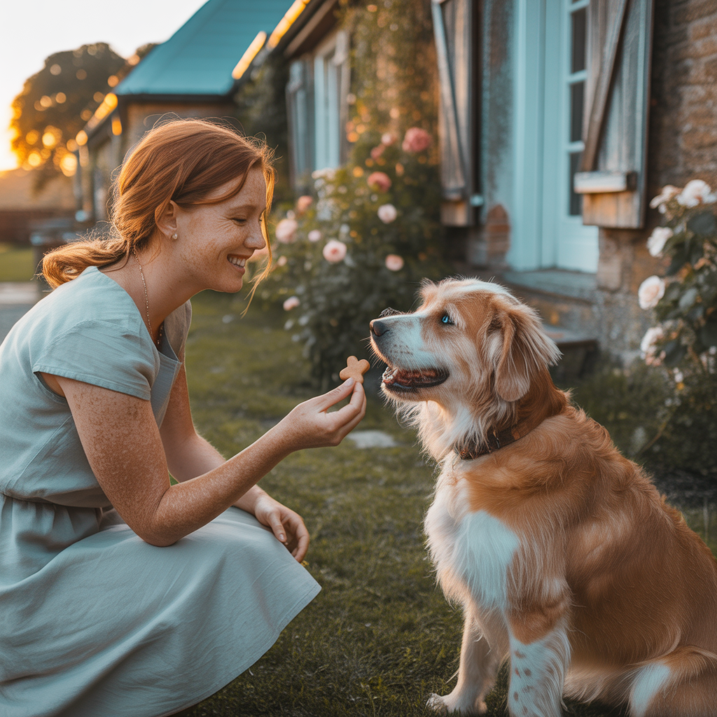A middle-aged woman kneels in a cottage garden, smiling as she offers a treat to her dog in warm evening light.