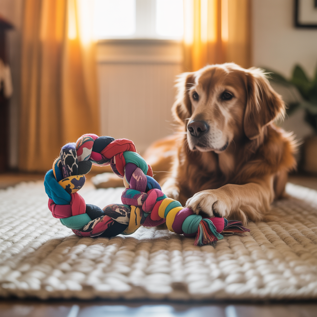 A homemade tug toy made from old T-shirts next to a relaxed dog on a rug.