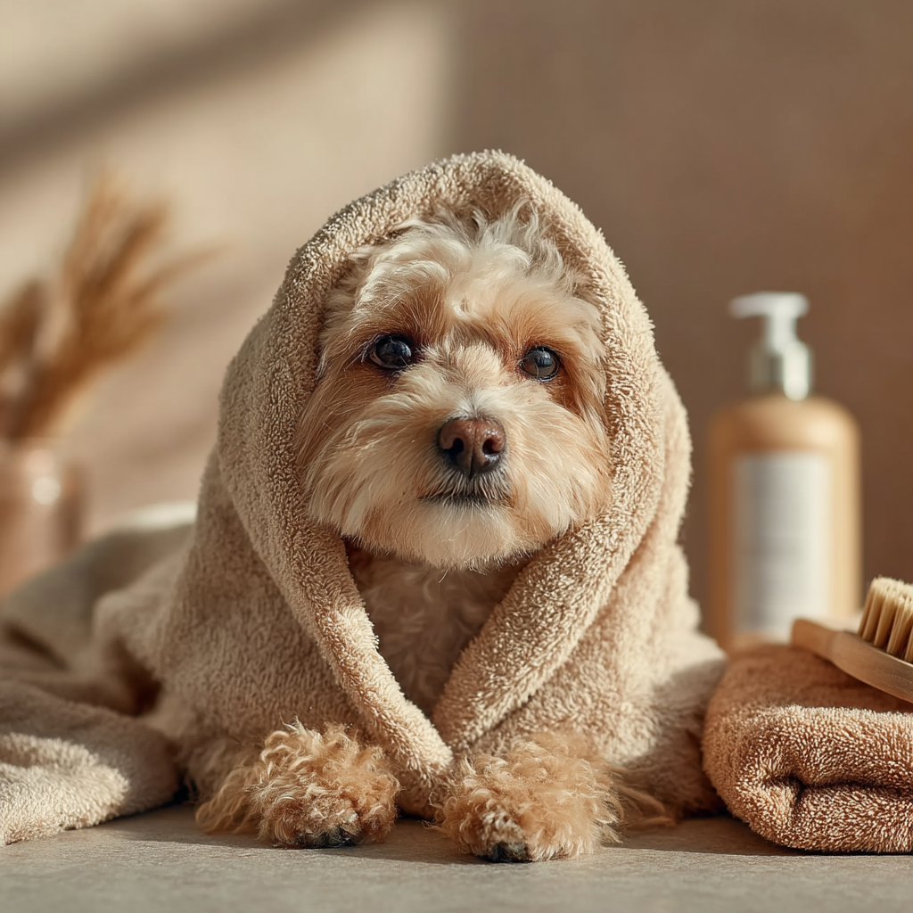 A dog wrapped in a towel after a home spa session, looking relaxed.