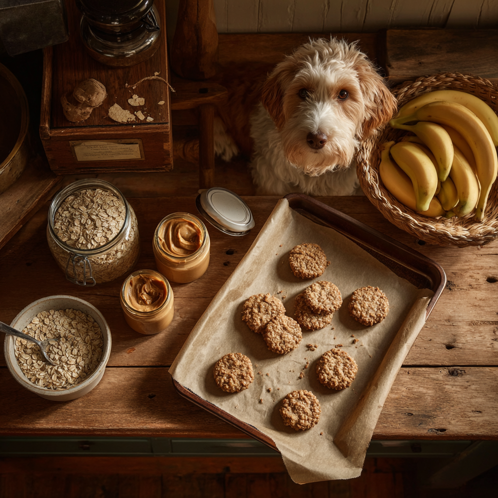 Freshly made dog treats on a wooden table, with a dog watching eagerly nearby.