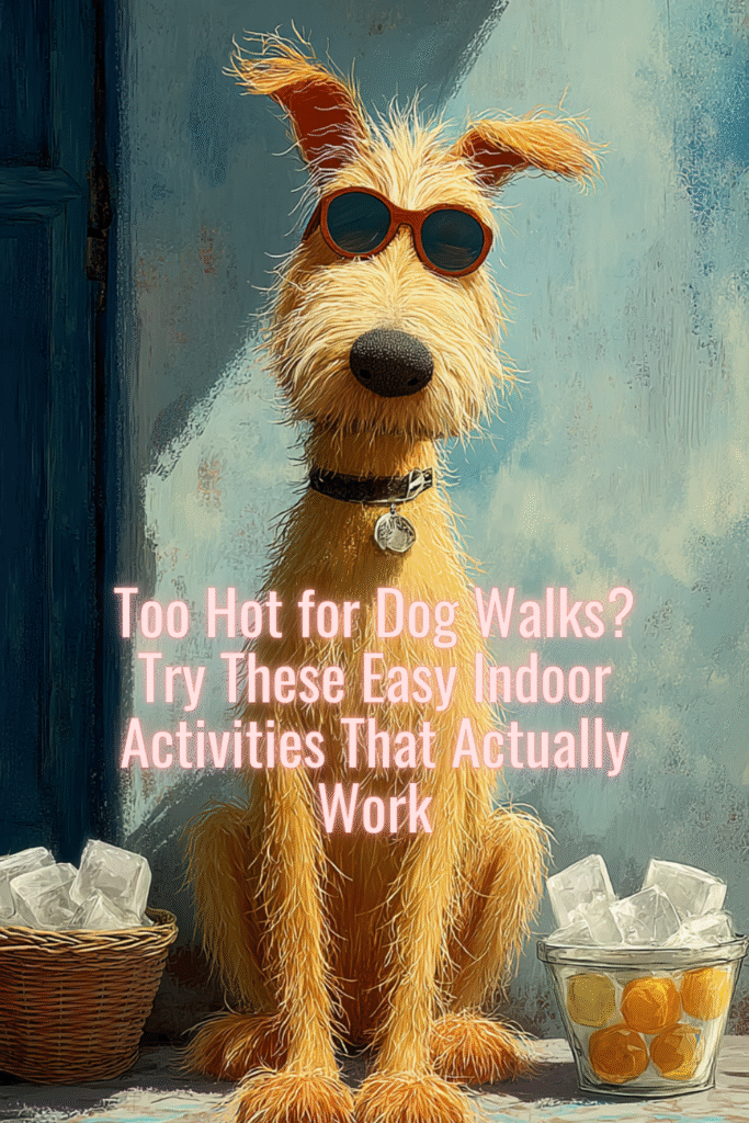 Cute terrier dog wearing sunglasses sitting indoors with ice cubes and frozen treats nearby, text overlay reads "Too Hot for Dog Walks? Try These Easy Indoor Activities That Actually Work"