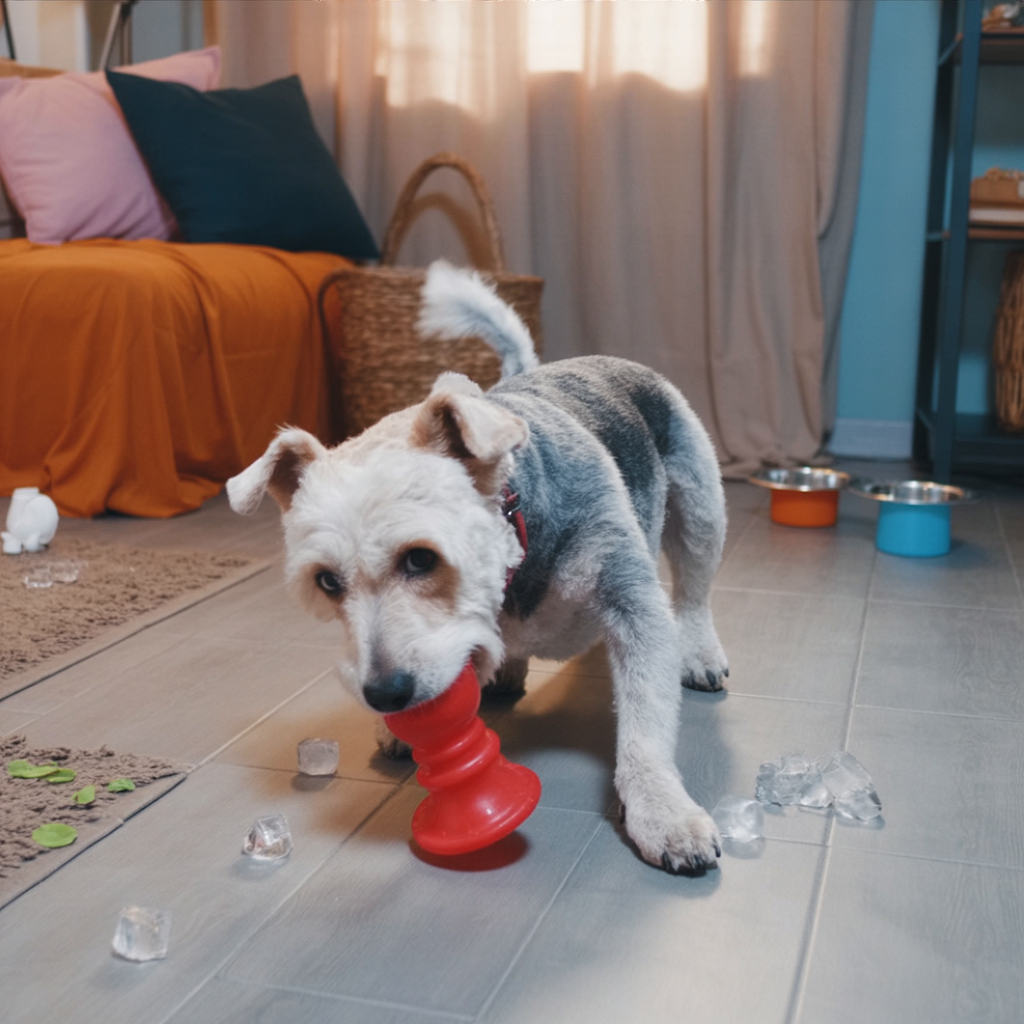 Homemade frozen dog treats in ice cubes arranged on cool tiles for summer cooling