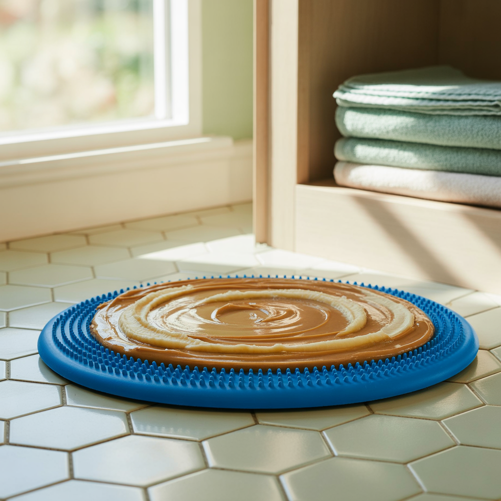 Frozen lick mat with healthy dog treats for summer cooling and mental stimulation