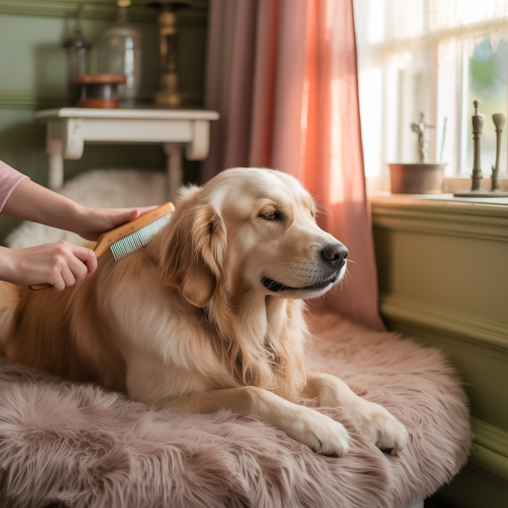 Peaceful dog grooming session as a bonding activity during hot summer afternoons
