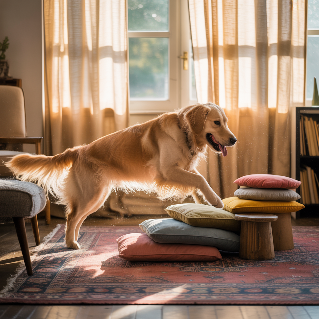 Simple indoor dog obstacle course made from household items in a cozy living room