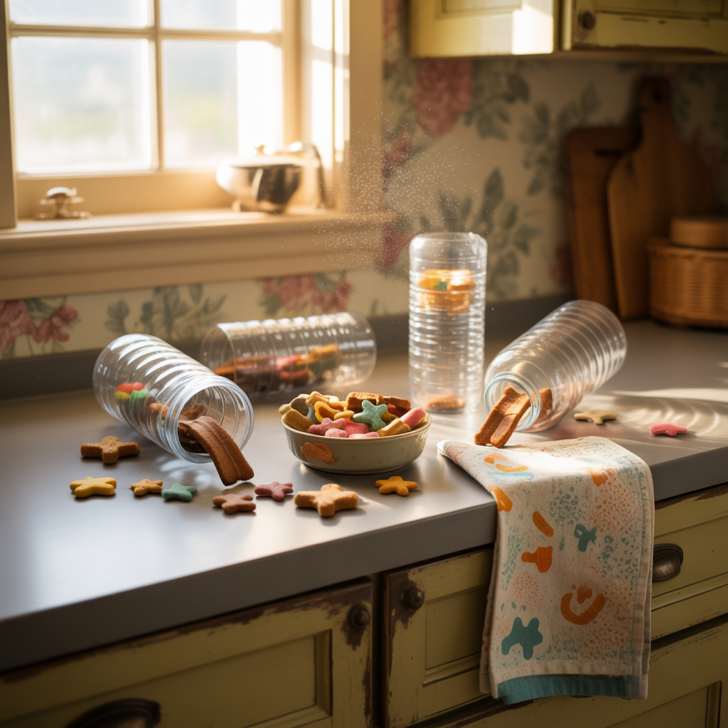 DIY dog puzzle feeders made from household items on a kitchen counter