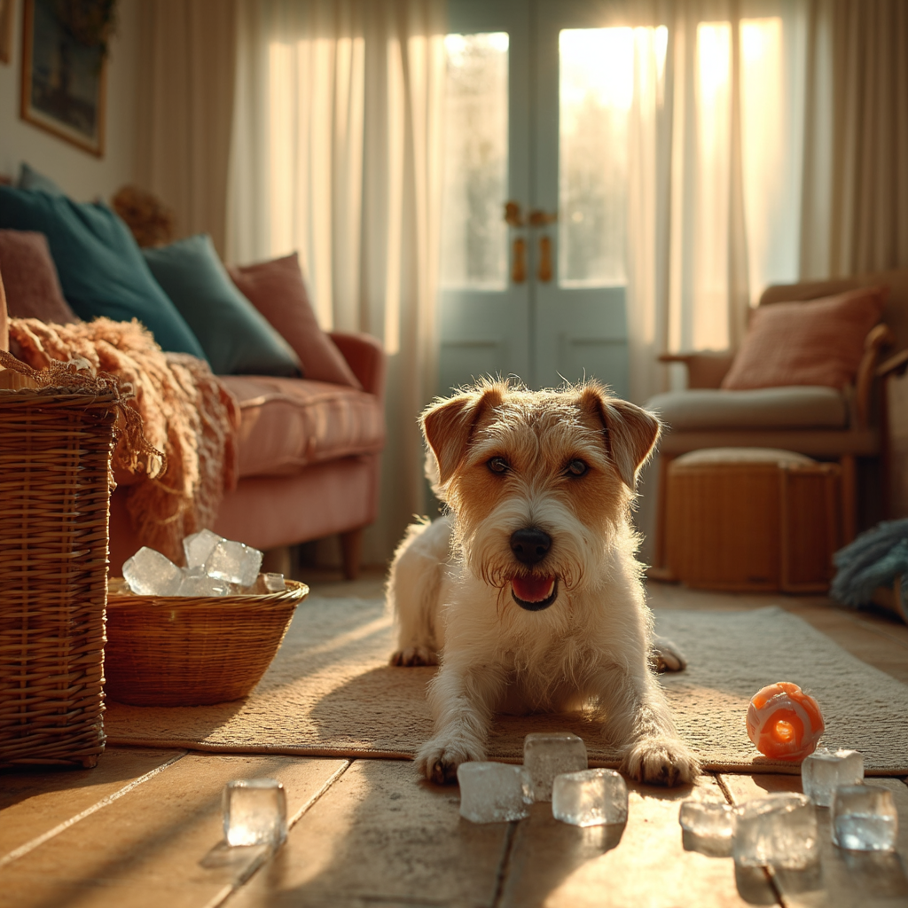 Happy terrier dog enjoying frozen Kong toy on cool tiles in a cozy British living room during summer