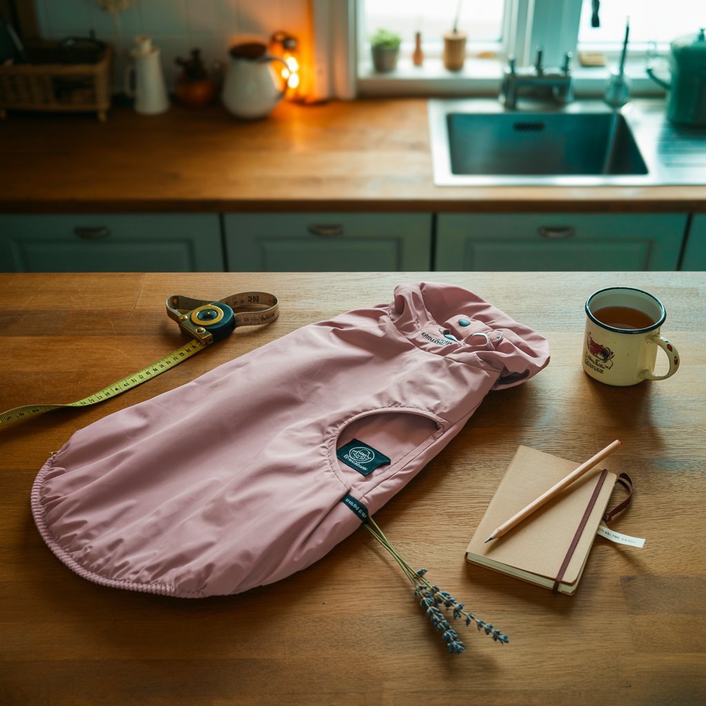 Flatlay of a folded dusky pink waterproof dog coat with a tape measure, notebook, lavender sprig, and mug of tea on a warm oak kitchen table.