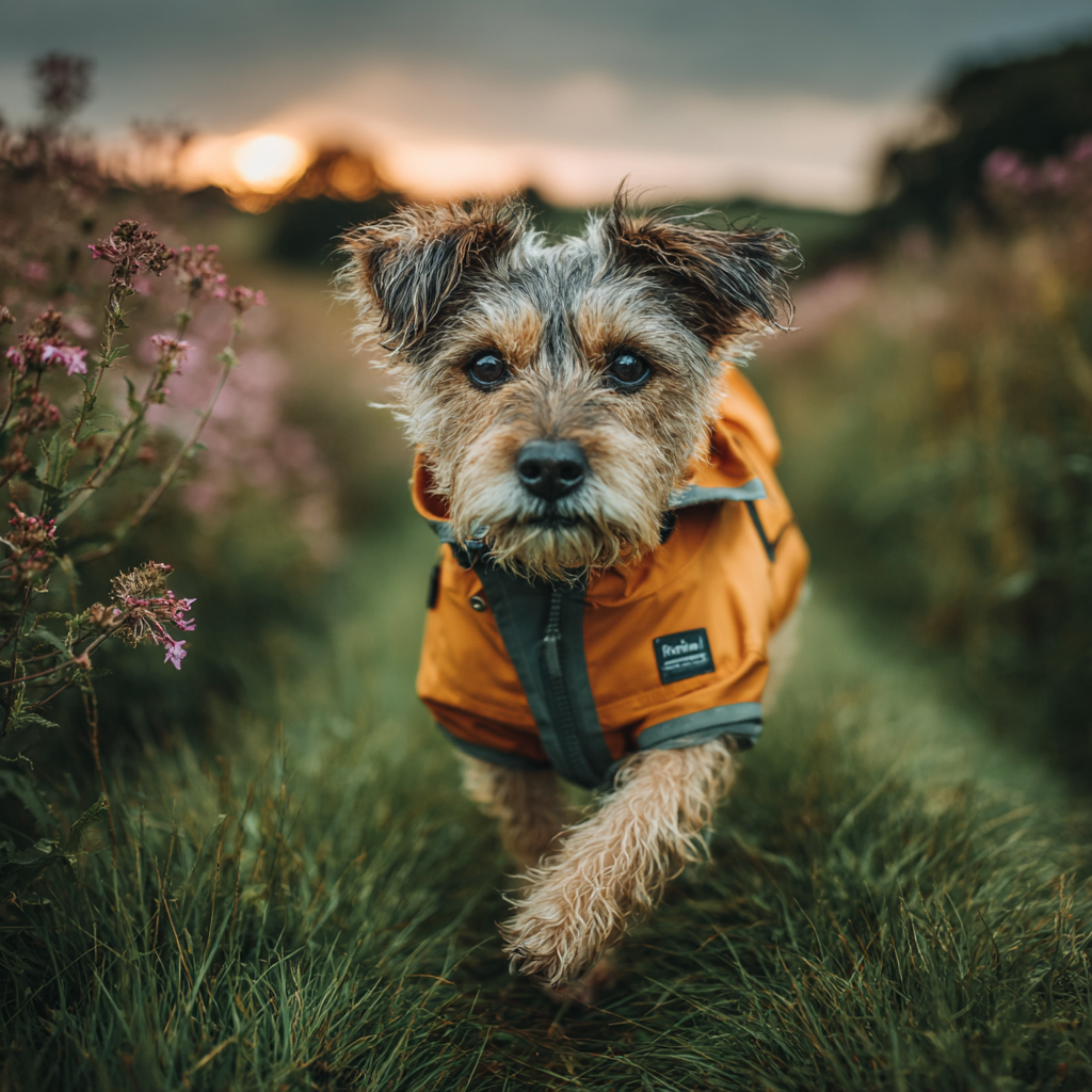 Terrier cross trotting along a dewy English countryside footpath in a warm orange lightweight waterproof dog coat during soft golden hour drizzle.
