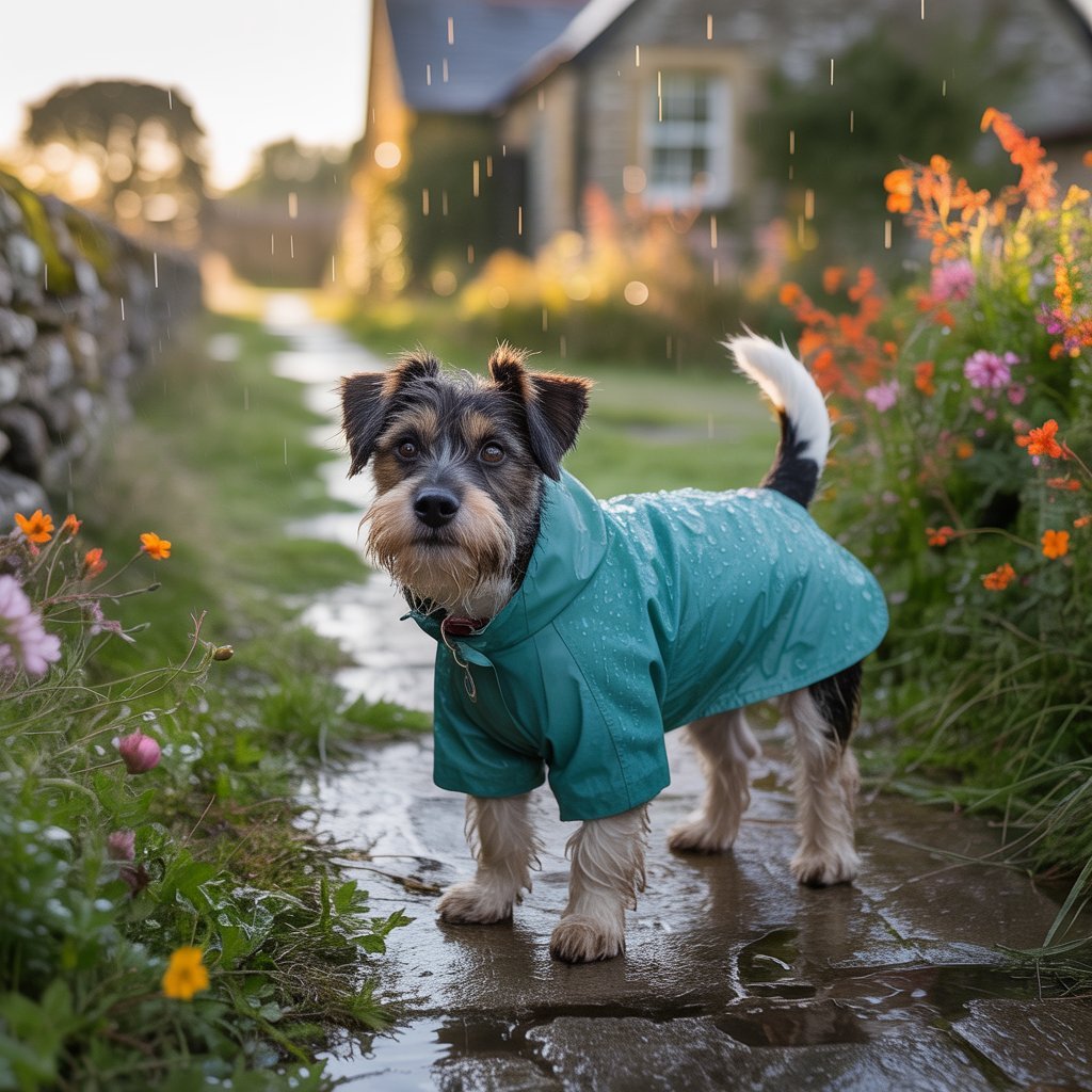 Small terrier cross wearing a teal lightweight waterproof dog coat on a drizzly cottage garden path in soft golden hour light.