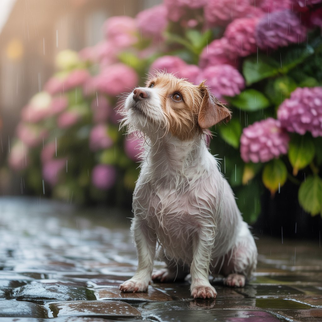 Damp terrier cross sitting on cobblestones in soft British drizzle, illustrating the challenge of mild wet weather walks.