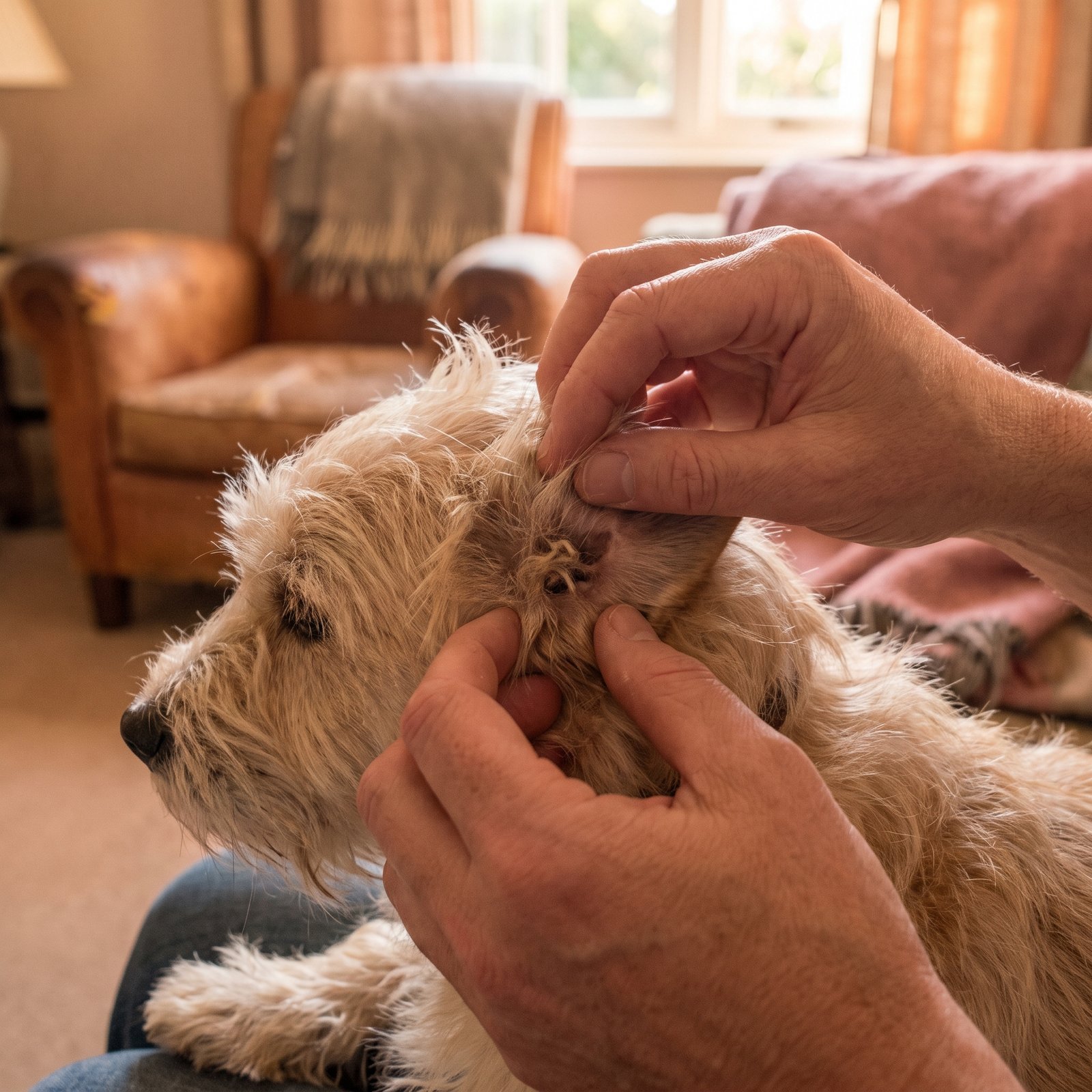 Hands parting the fur behind a dog's ear to find a small tangle
