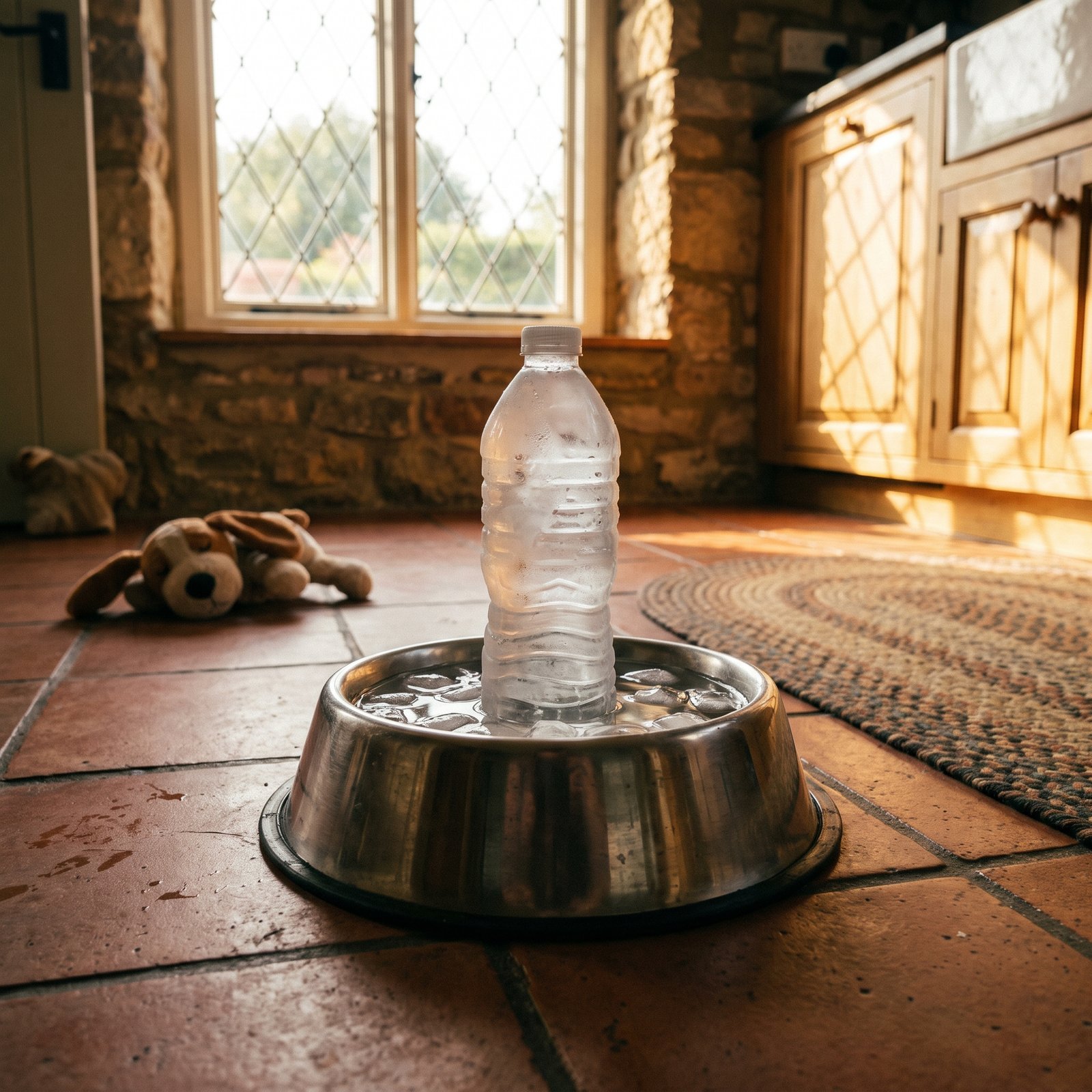 A dog water bowl topped up with ice cubes and a frozen water bottle.