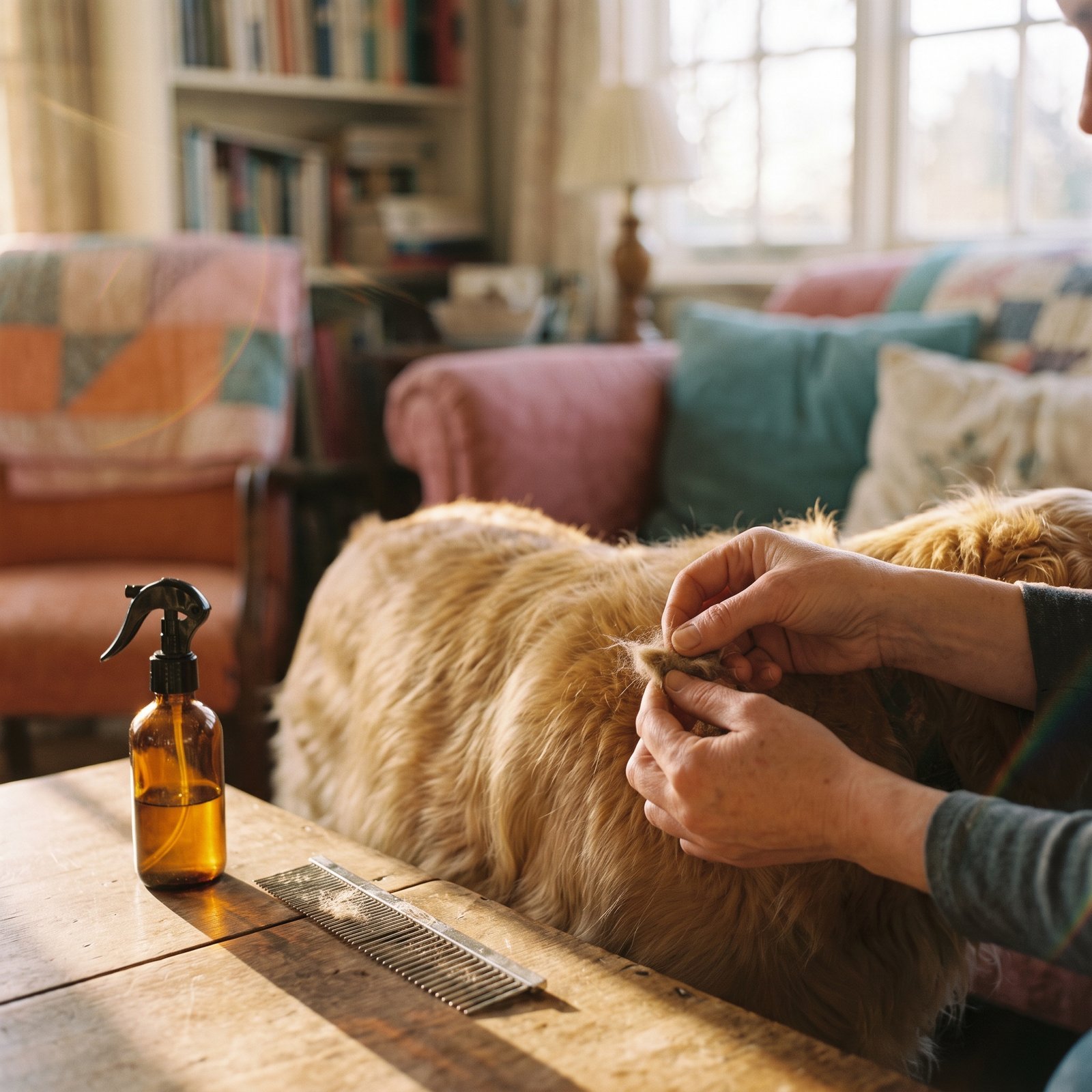 Fingers gently teasing a knot out of a dog's coat with a comb and detangling spray nearby