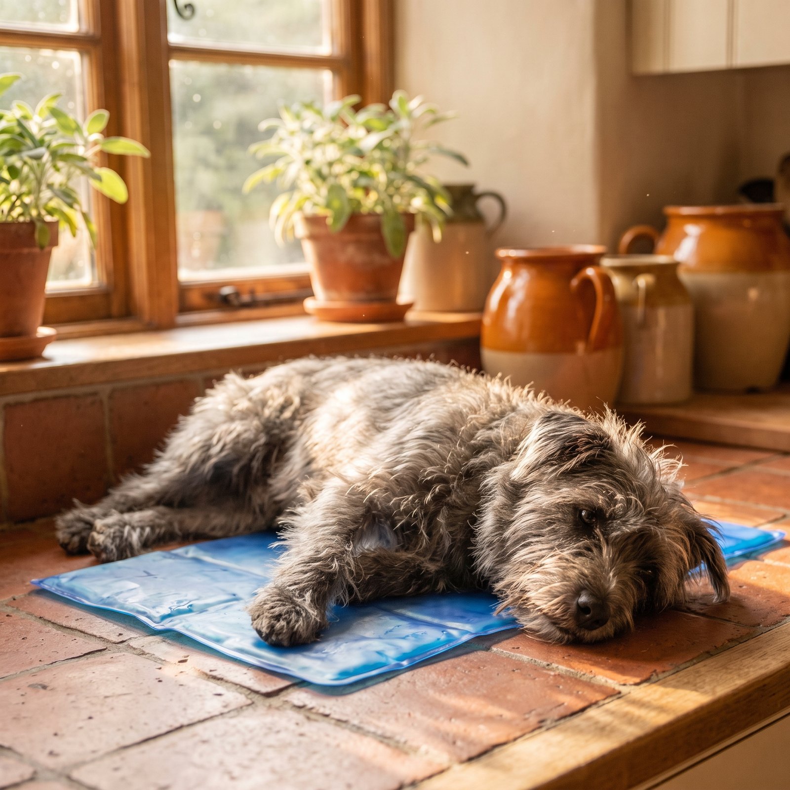 A terrier lying stretched out on a gel cooling mat.