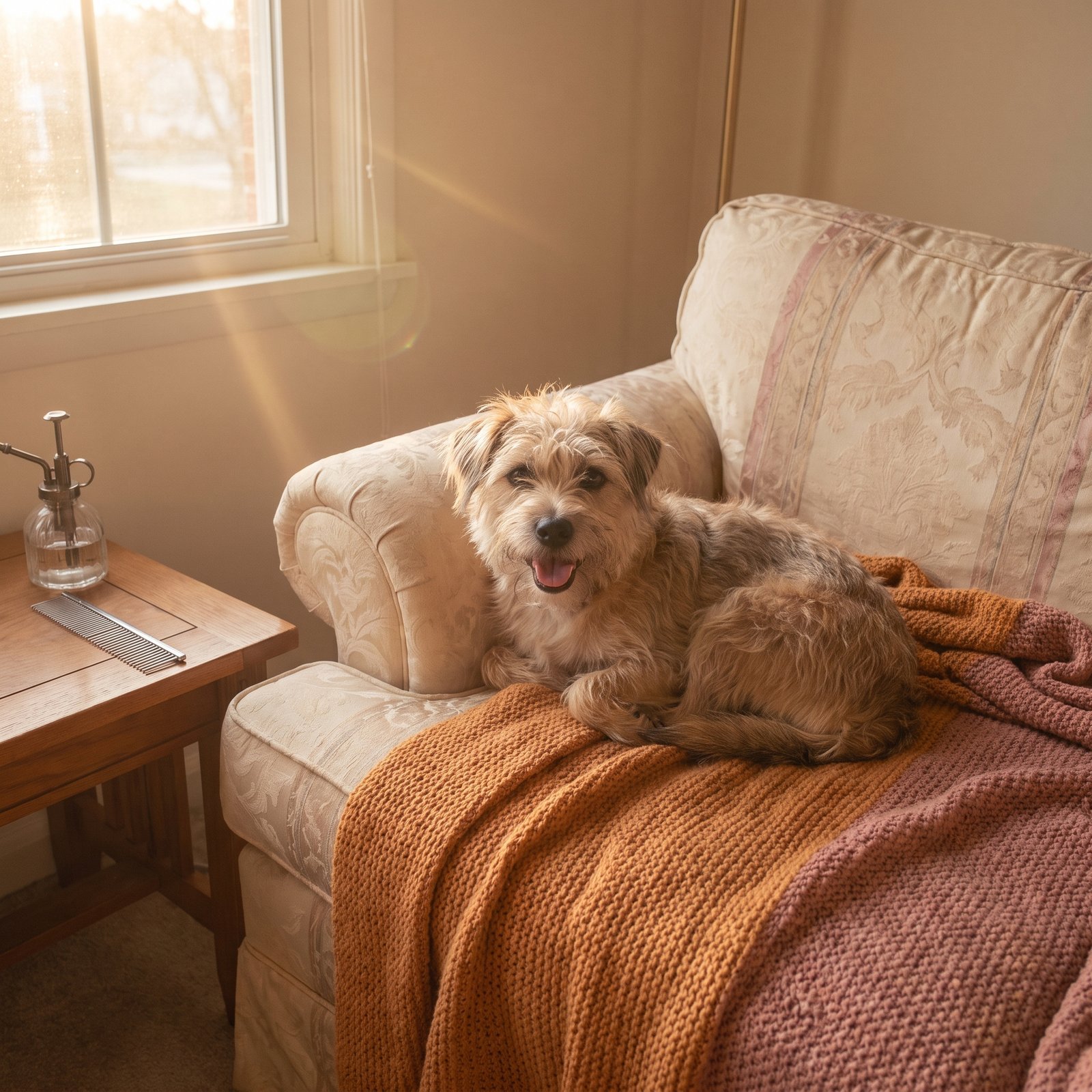 A relaxed dog with a soft, tangle-free coat resting after grooming
