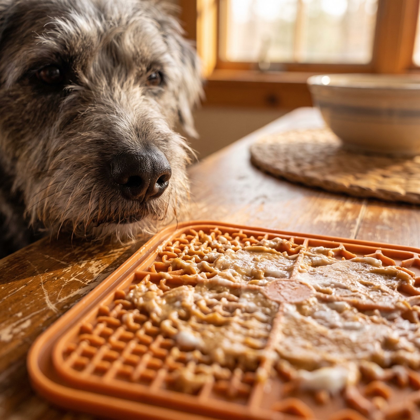 A frozen treat on a lick mat with a dog's nose approaching.