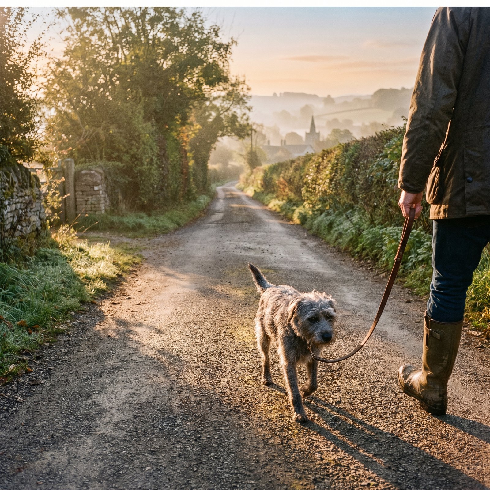 A dog on an early-morning summer walk down a quiet lane.